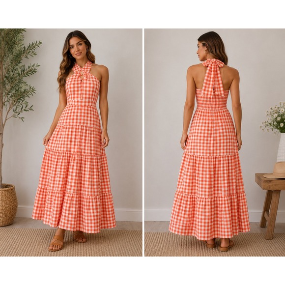 entro Dresses & Skirts - NWT Entro Gingham Maxi Dress Sundress M Orange  Farmcore Milkmaid Tiered